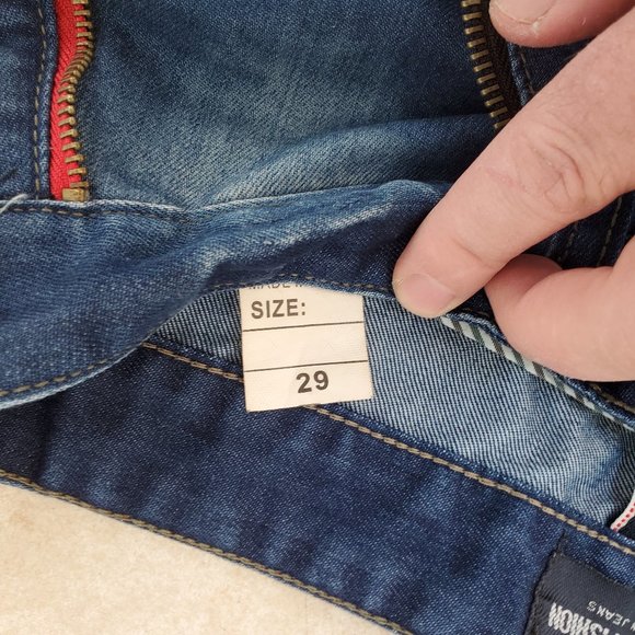 Red Zipper Accent Distressed Fade Blue Stretchy Denim Skinny Jeans - Picture 4 of 10